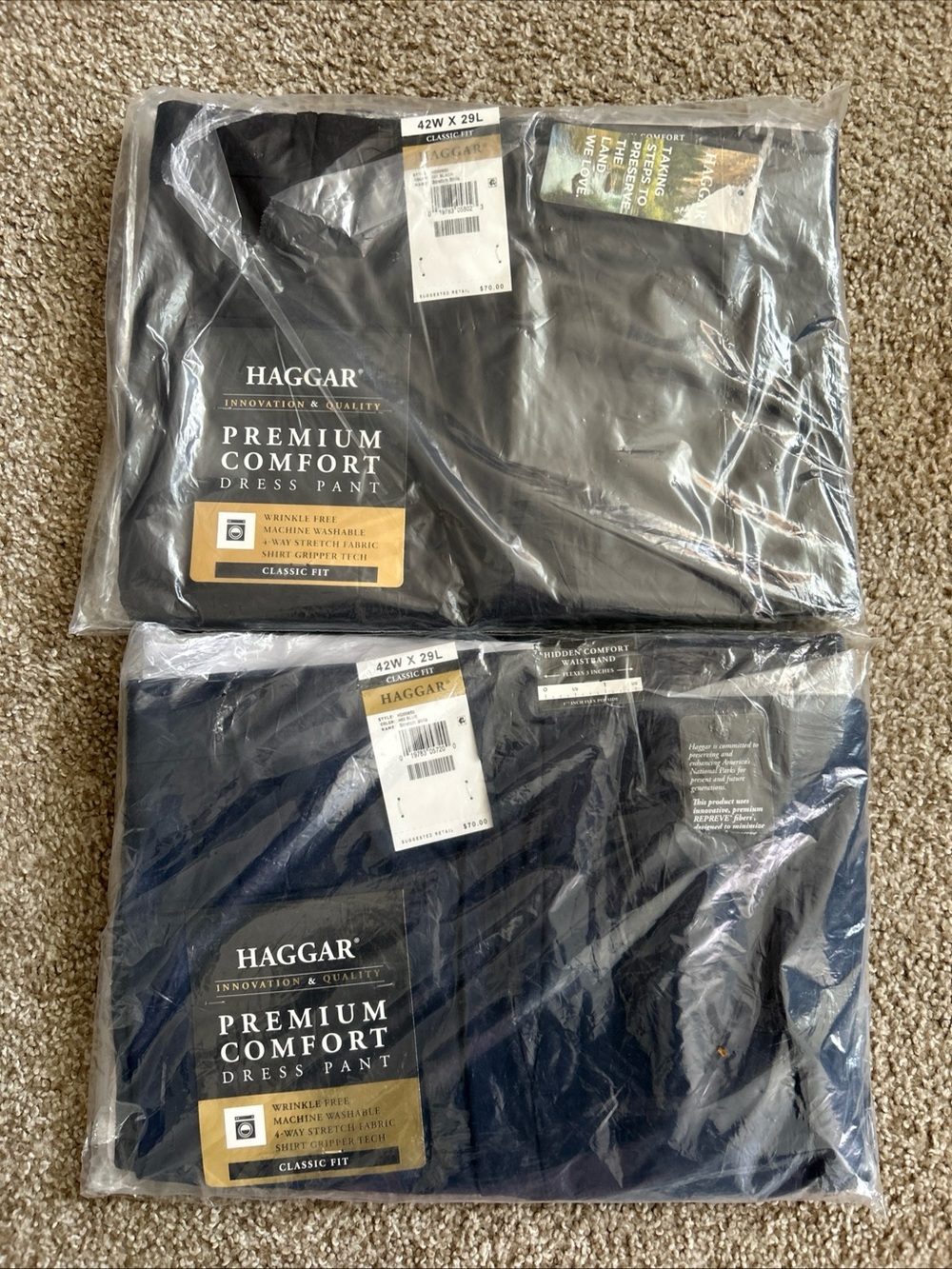 2 Pair Haggar Premium Comfort Dress Pant Navy & Black 42x29 (NWT)